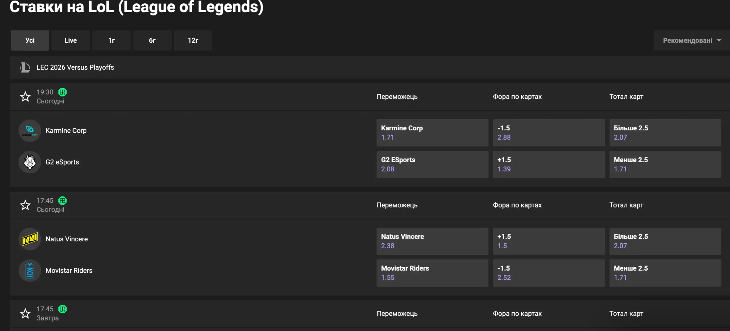 Основні види ставок на LOL